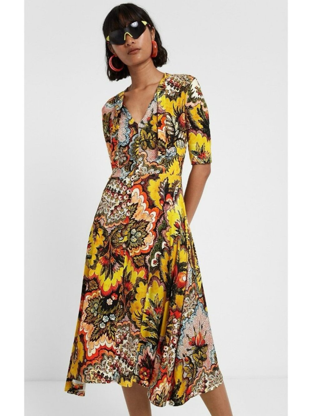 Desigual ARLENE Womens XS Yellow Floral Print V Neck Short Sleeve Midi Dress